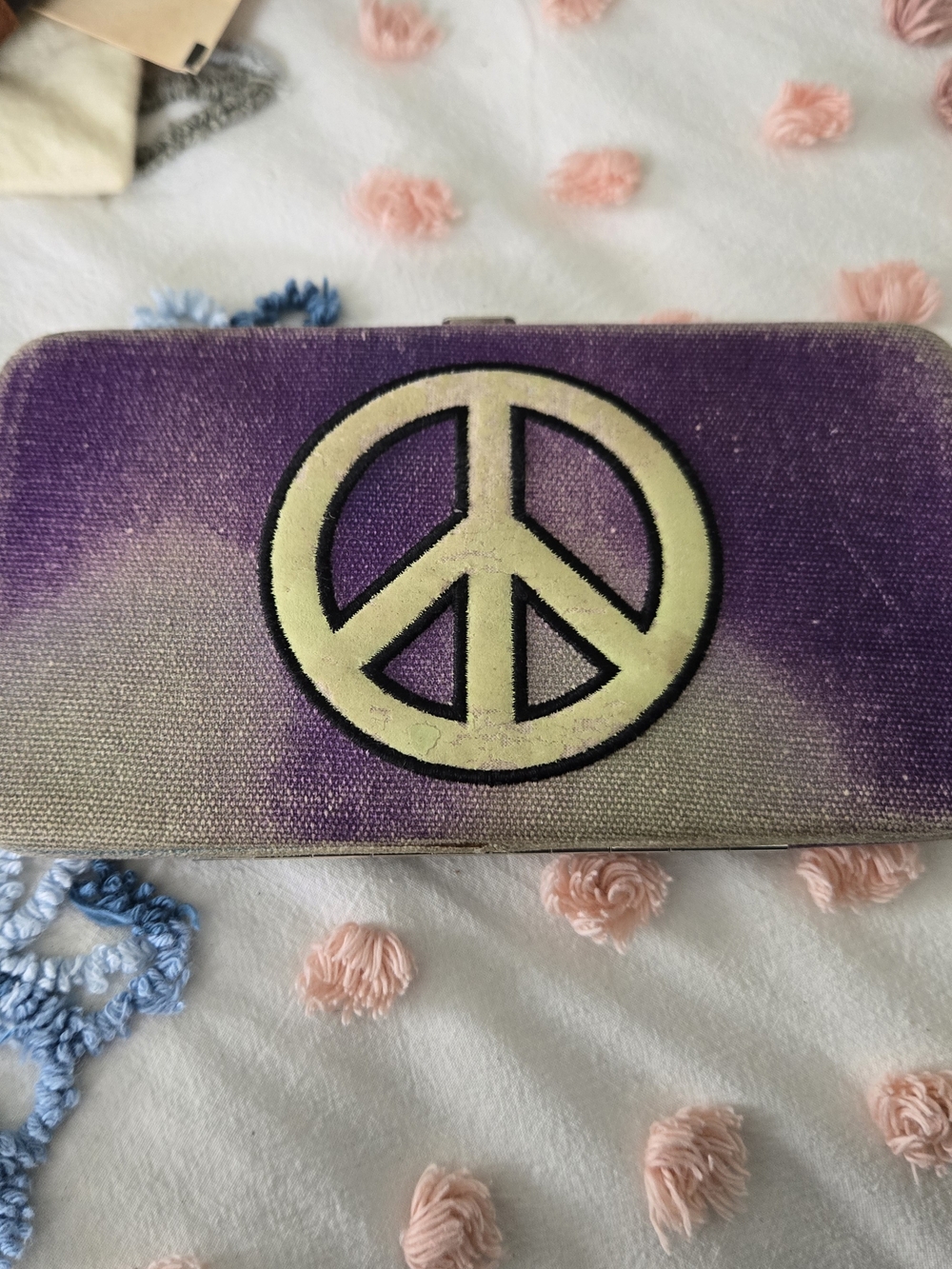 Purple Canvas Vintage Wallet with Cream Peace Sign Accent - Fashion Express